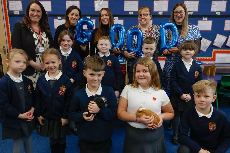 Pupils and staff at Kingsfield First School, Biddulph celebrate their recent Ofsted inspection which has awarded the school 'good' (Image: Pete Stonier / Stoke Sentinel)